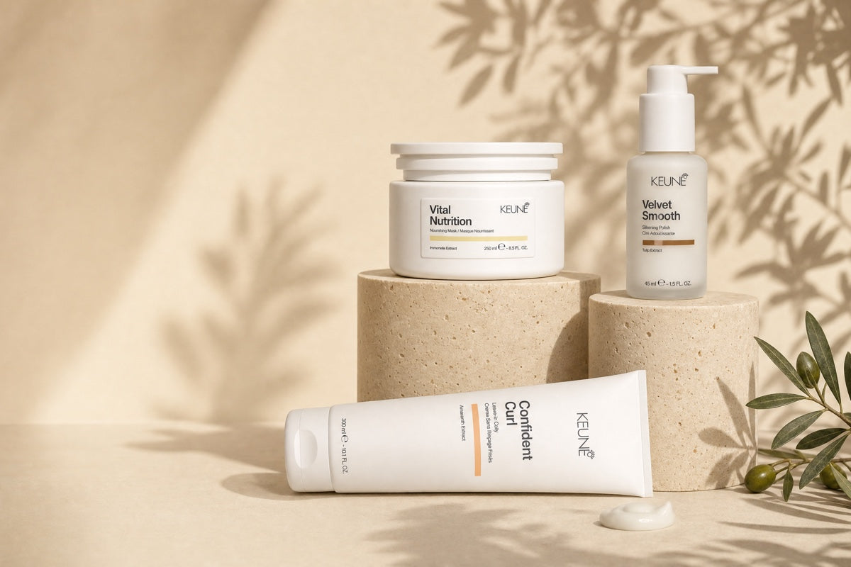 Keune Vital Nutrition masker, Velvet Smooth Silkening Polish en Confident Curl leave-in op travertin